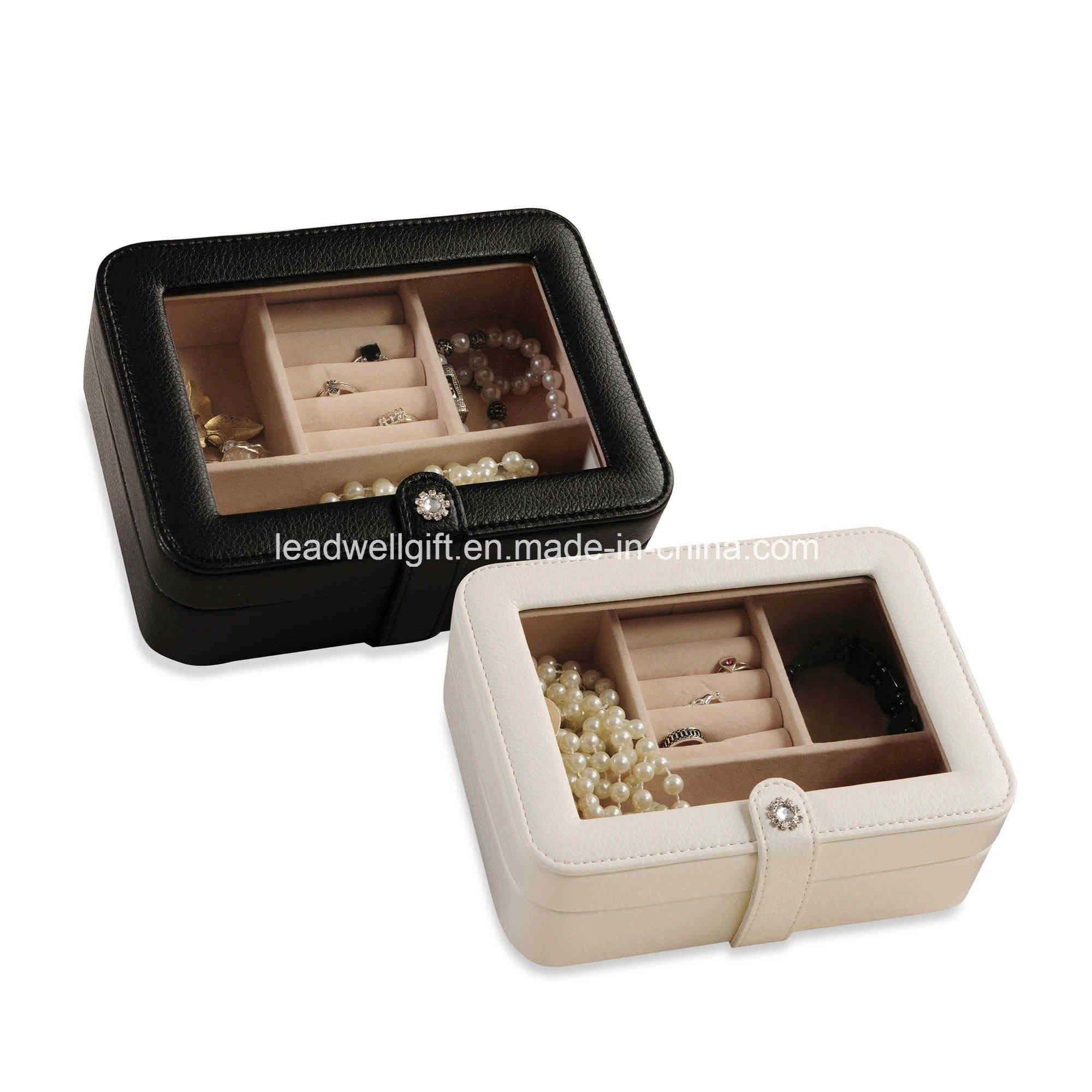 Faux Leather Glass Top Jewelry Box Storage Case