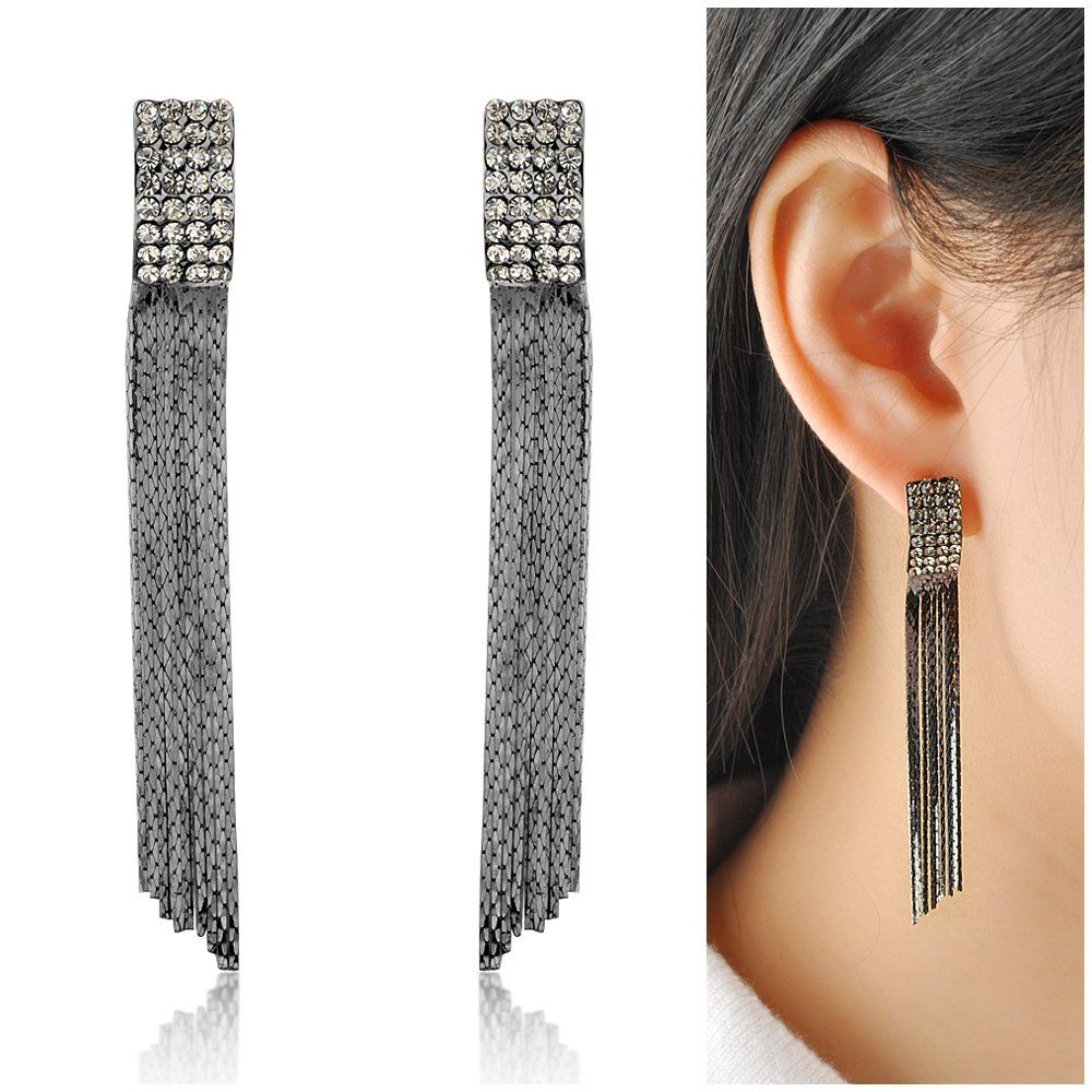 Ladies Grey Plated Color Long Tassel Earring Jewelry