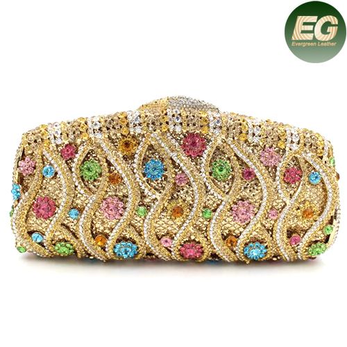 Fashion Ladies Colorful Rhinestone Evening Bag Metal Chain Clutch Purses Leb749