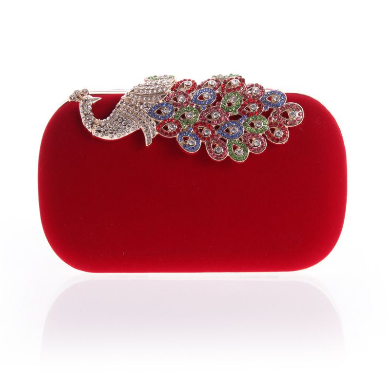 New Design Red Women Flower Shoulder Crystal Peacook Rhinestone Handbag Evening Bag for Party