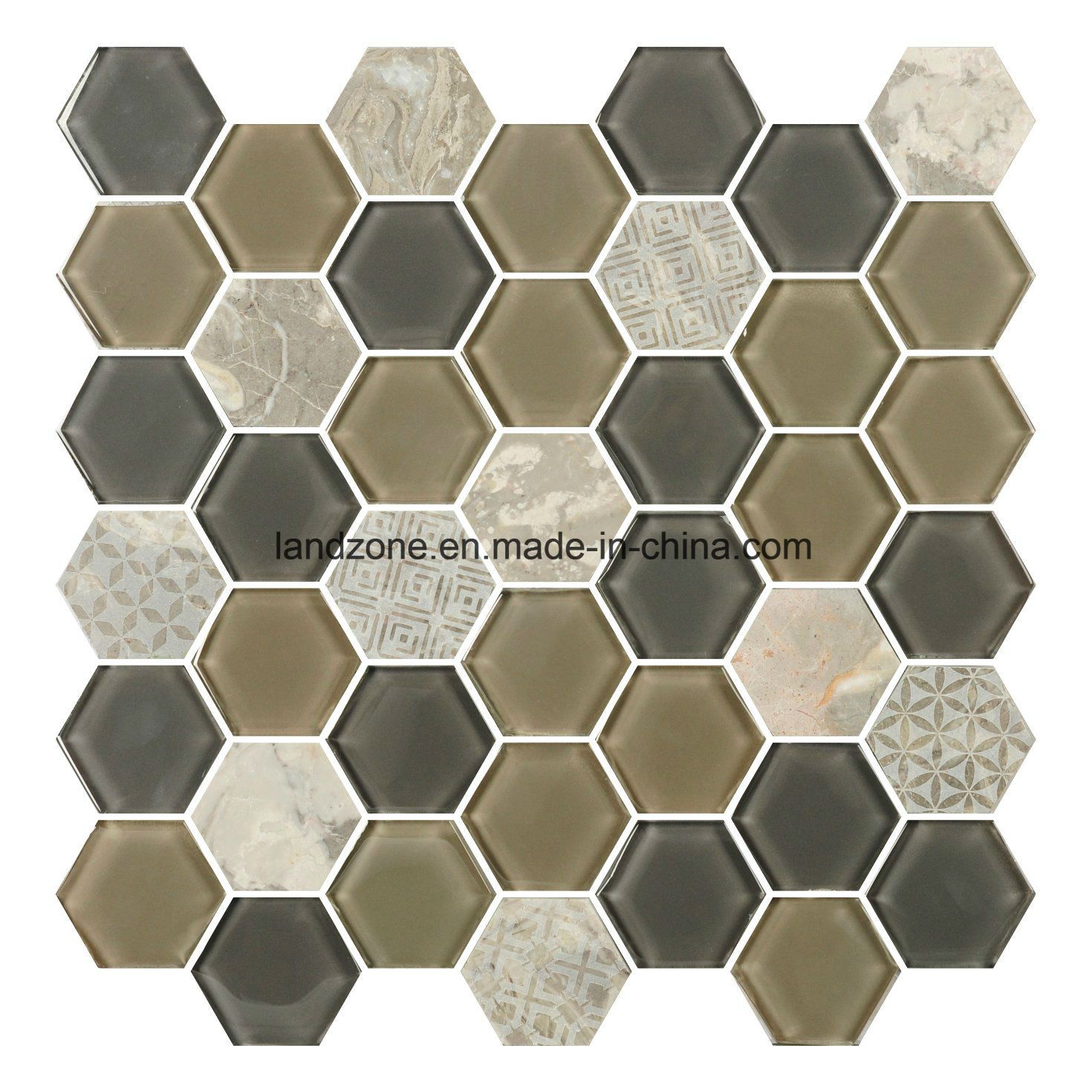 Hexagonal Beige and Grey Glass Mix Interior Decorative Mosaic Tile