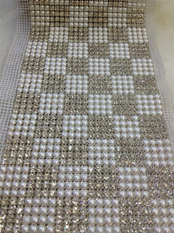 Plastic Pear and Rhinestone Mesh Trimming Sew on Crystal White Base 10yard Roll for Garment