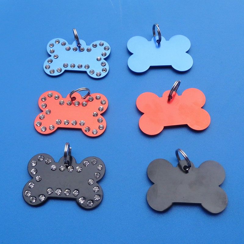 Aluminum Bone Shape Pet ID Dog Tags with Crystal