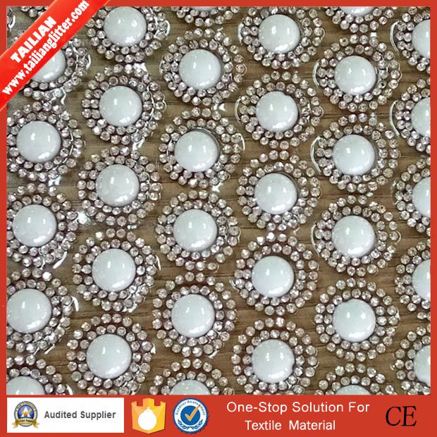 2016 Tailian Strass Motif Hotfix Crystal Rhinestone with 8mm Round Pearls Beads Net Sheet Mesh