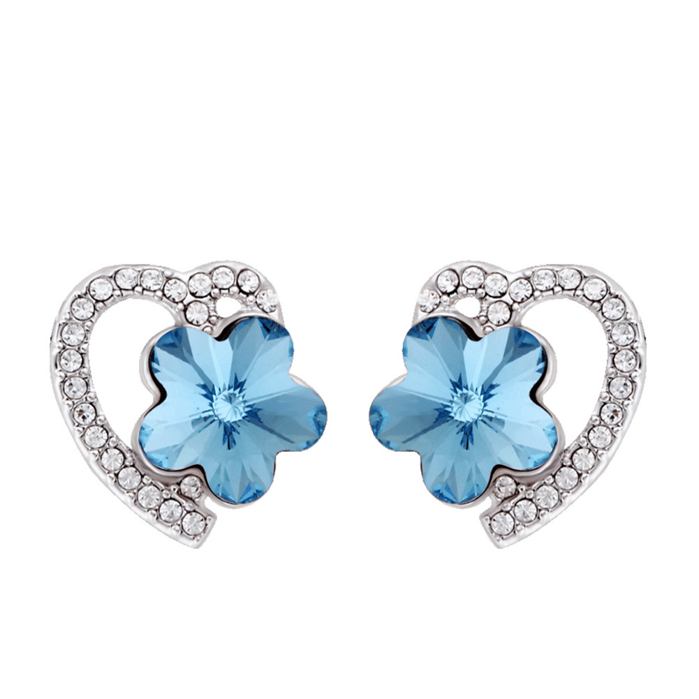 Heart and Flower Shape Blue Crystal Women Fashion Earrings