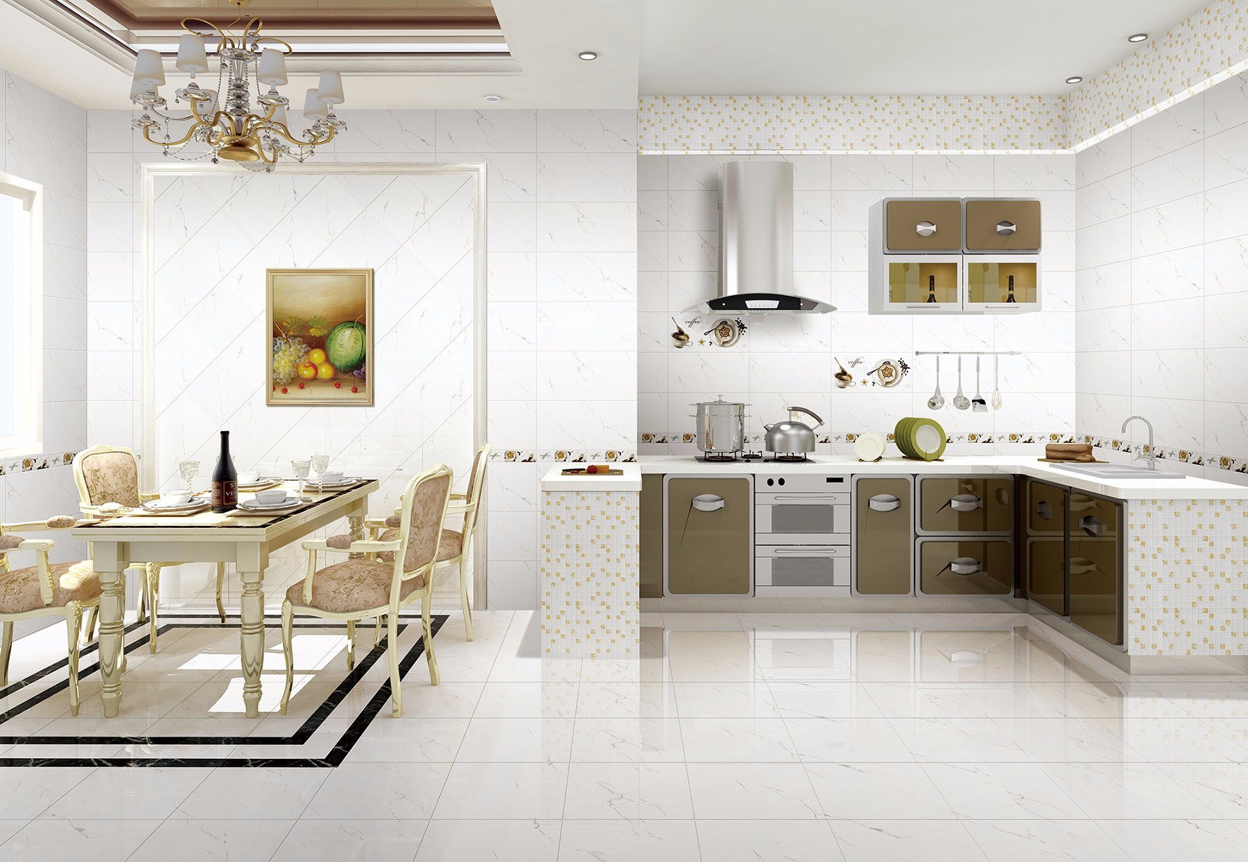 Carrara White Wall and Floor Tile Set for Kitchen and Dining Room