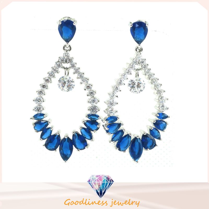 High Quality Fashion Jewelry Blue Colors Rhodium Plated Crystal Water Drop Earring Silver Jewelry (E6404)