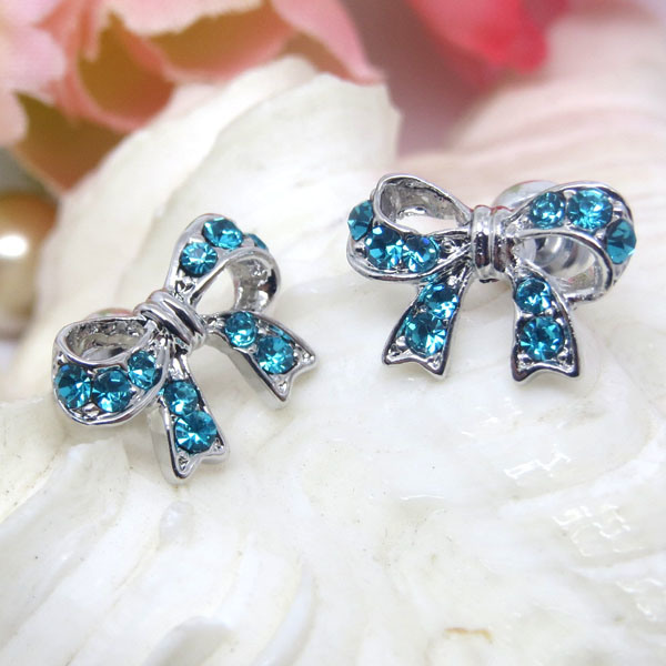 Fashion Alloy Sky Blue Rhinestones Silver Bowknot Stud Earrings