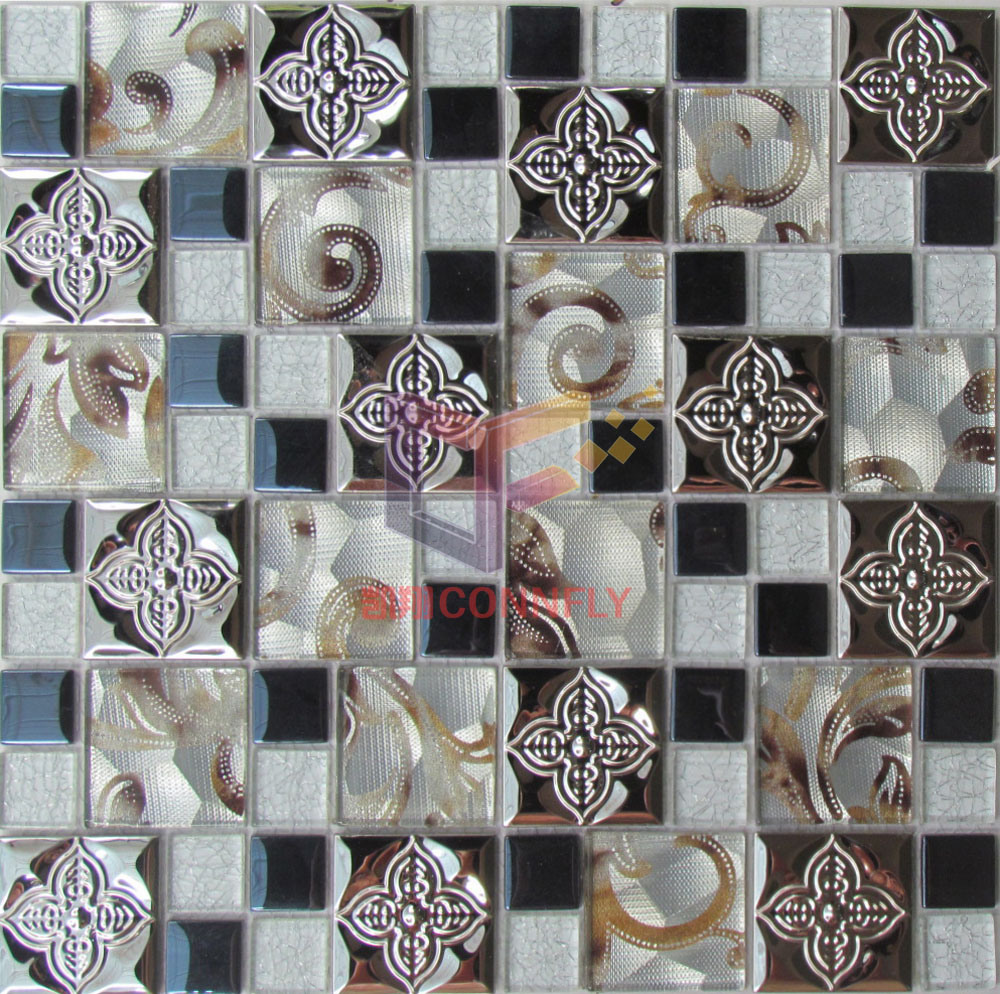 Flower Pattern Metal Mix Silk Backed Crystal Mosaic (CFM862)