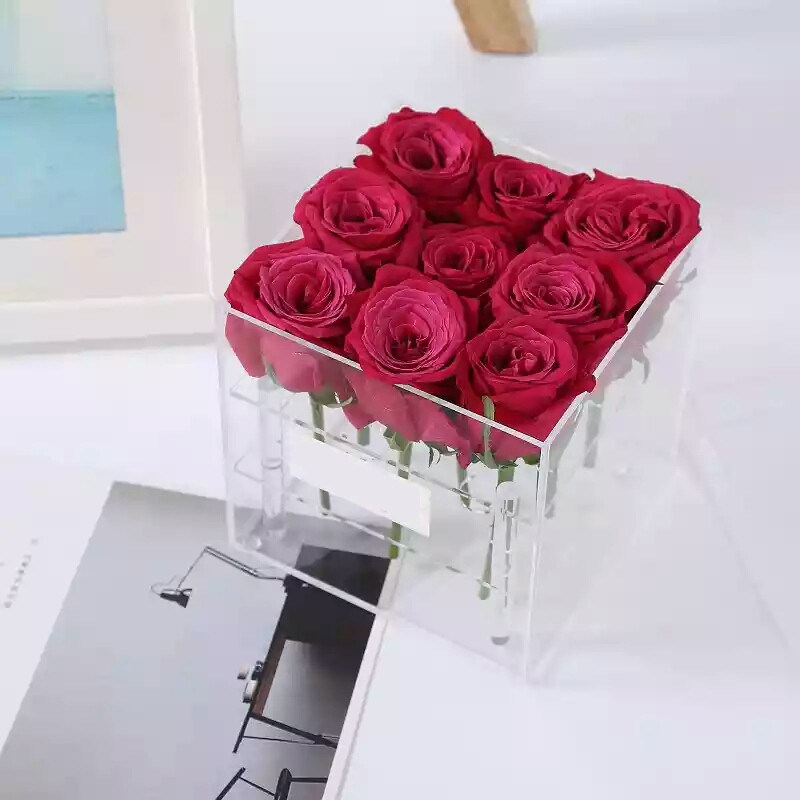 Clear Plexiglass Rose Customized Square Shape Flower Box