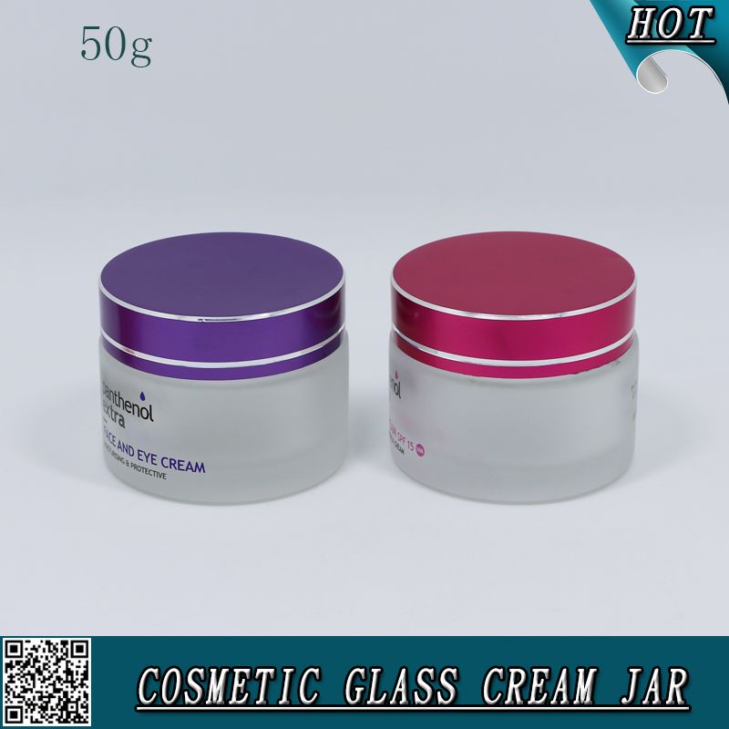 50ml Frosted Cosmetic Glass Facial Cream Jars with Colored Aluminum Lid