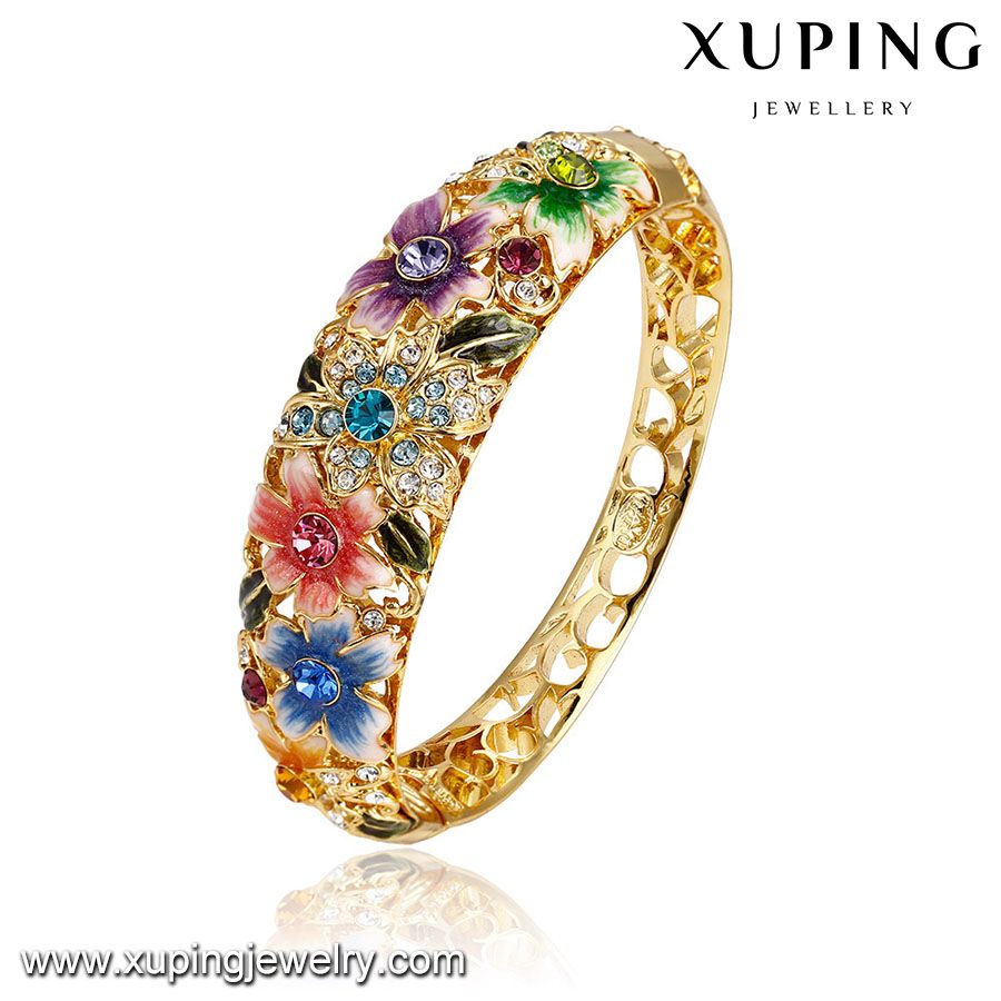 Bangle-124 Latest Fashion Gold Rhinestone Big Wide Flower Bangle