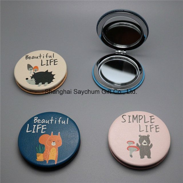 Cartoon Mirror PU Leather Portable Folding Double-Sided Mirror