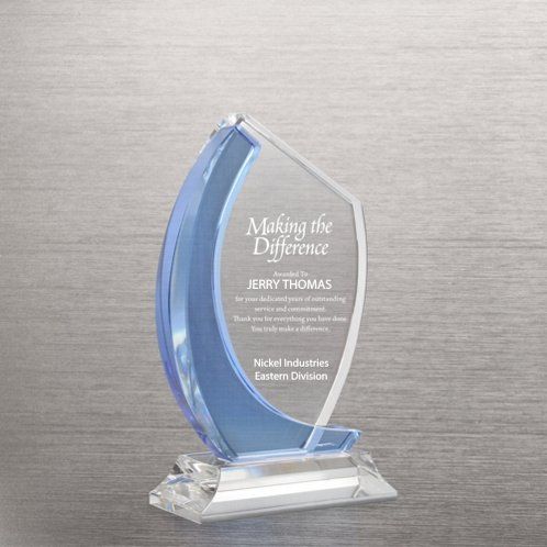 Manufacturer Curved Edge Light Blue Accent Crystal Trophy