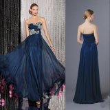 Ruched Bodice Sweetheart Crystal Beaded Navy Blue Chiffon Evening Dress