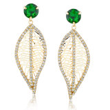 Latest Fashion 18K Gold Leaf Shaped Green Crystal Long Earring