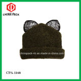 Beanie Hat with Black Lace Cat Ears Embroidered Logo (CPA-1168)