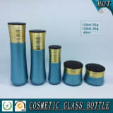 blue Colored Cosmetic Glass Lotion Pump Bottle and Cosmetic Luxury Jar