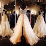 Cap Sleeves Prom Gown Crystals Tulle Party Evening Dresses Z607