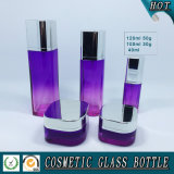 Purple Colored Square Glass Cosmetics Pump Bottle and Cosmetic Jar