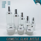 Frosted Glass Cosmetic Bottles and Jars with Shiny Silver Lids