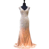 Gold Party Gown Vestidos Lace Crystal Stones Prom Evening Dress P16097