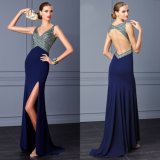 Hollowed Back Crystals Bodice Navy Blue Chiffon Evening Dress