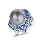 Fashion Female Beautiful Zircon Pave Setting Black Pearl Ring